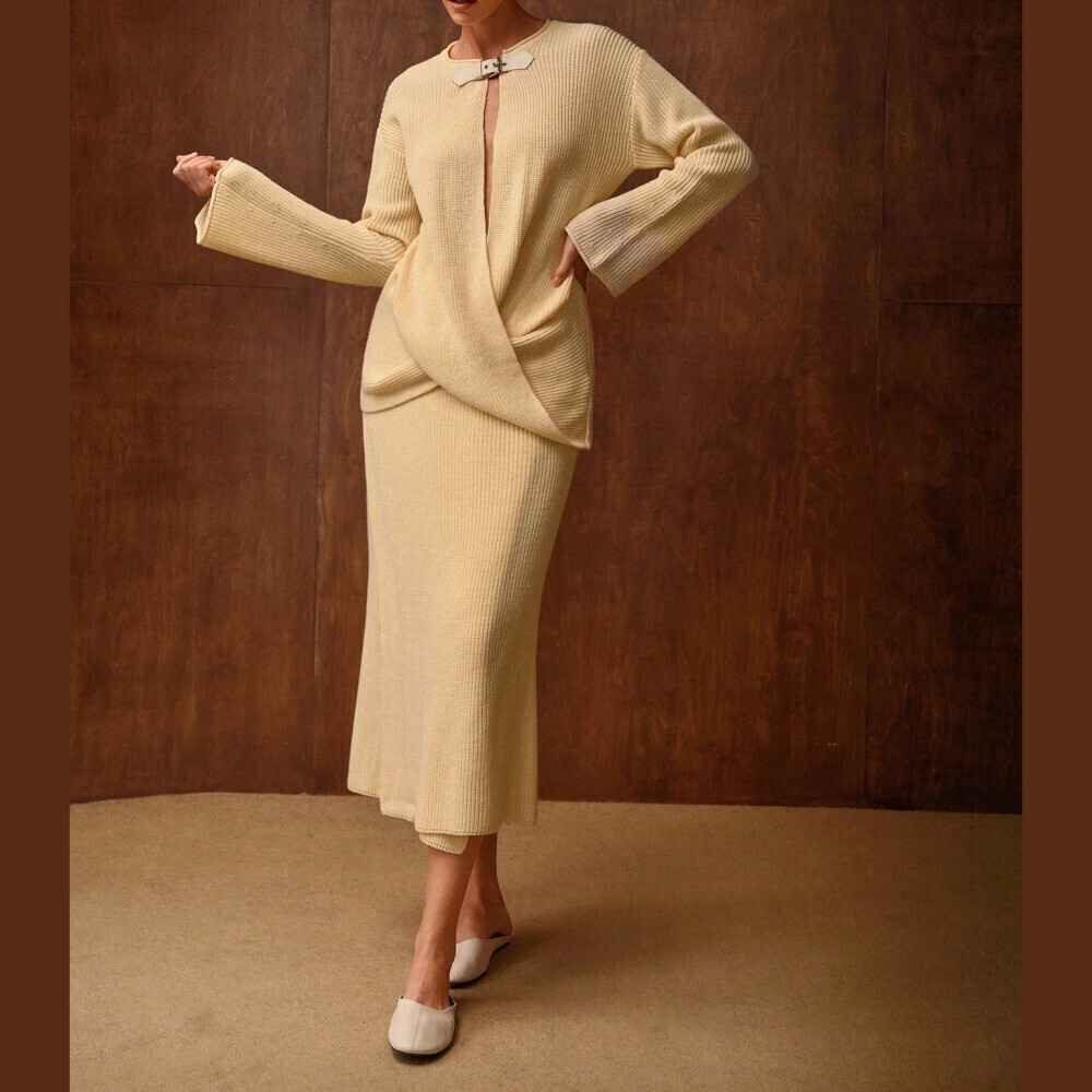 Cream Ribbed Knit Buckle Wrap Sweater and Midi Skirt Set
